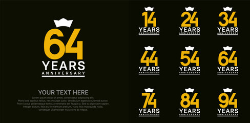 anniversary logotype set. yellow color and white crown can be use for celebration event