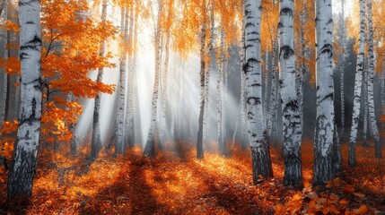 Obraz premium Sunbeams Shining Through a Misty Birch Forest in Autumn