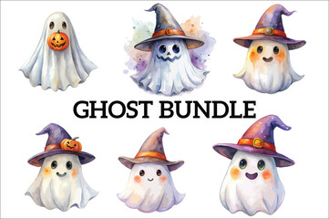 Obraz premium Cute Ghosts Vector, Spooky Season, Halloween, Cute Ghosts with pumpkin Vector.cute cartoon ghost set on white background.