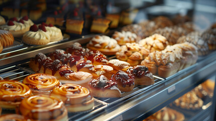  A display case filled with a variety of fresh Viennese pastries and cakes, topped with fruits and glaze, on display in a bakery