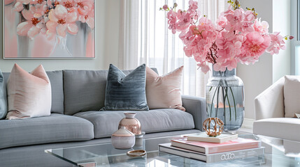 Contemporary living room with a slate gray sofa, blush pink accents, and glass decor elements.
