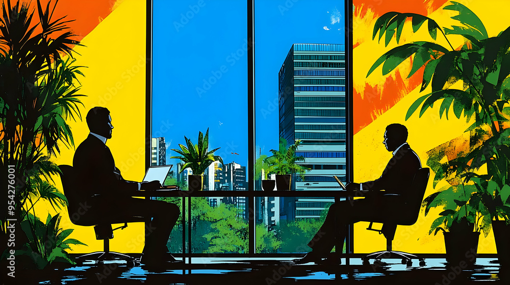 Wall mural Two businessmen in silhouette sit in office chairs, facing each other with laptops, with a view of a city skyline through large windows.