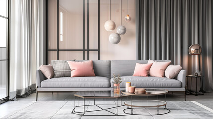 Contemporary living room with a slate gray sofa, blush pink accents, and glass decor elements.
