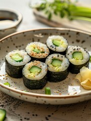 Elegant Dancing Eel Roll sushi with avocado and cucumber on a light-colored dish