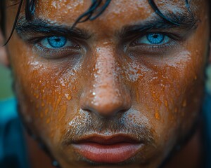 Close Up Portrait of Sweaty Man with Blue Eyes