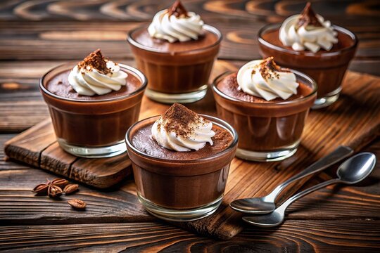 Traditional Italian chocolate pudding dessert called bunet, topped with whipped cream and cocoa powder, served in small