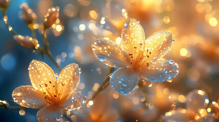 Fototapeta premium Two delicate flowers covered in sparkling water droplets with a blurred background of golden lights.