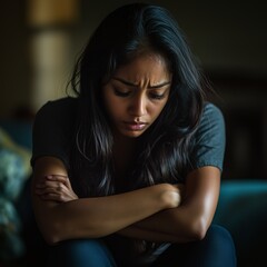 Fototapeta premium Sad depressed Indian female sitting in her living room, depression and loneliness, mental health concept. Square photography