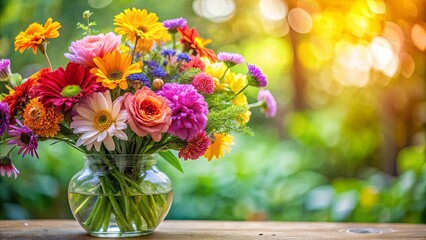 Close up of colorful flowers in a vase with a blurred floral background