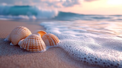 Obraz premium Seashells on the Beach at Sunset with Foamy Waves