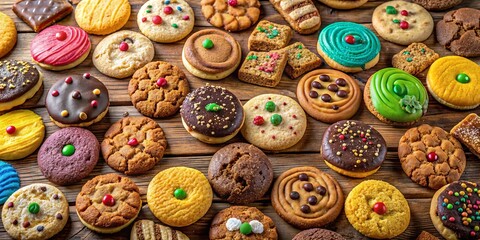 A vibrant assortment of cookies on a wooden table