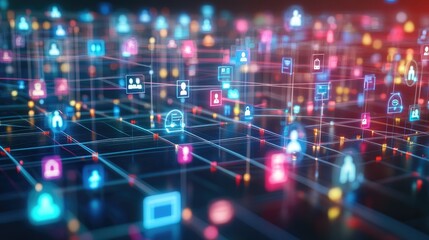 Obraz premium Abstract 3D visualization of a digital network, with icons representing diverse online communities, no people