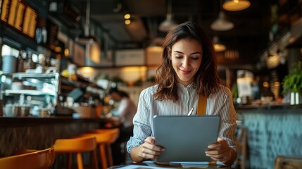A freelancer reviewing their insurance plan on a tablet while working remotely in a cafe.