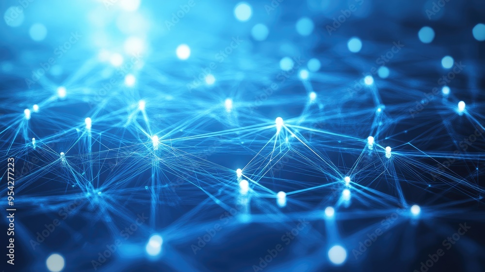 Poster abstract graphic of digital nodes interconnected with glowing lines over a blue gradient background,