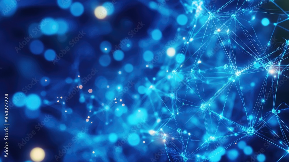Poster abstract graphic of digital nodes interconnected with glowing lines over a blue gradient background,
