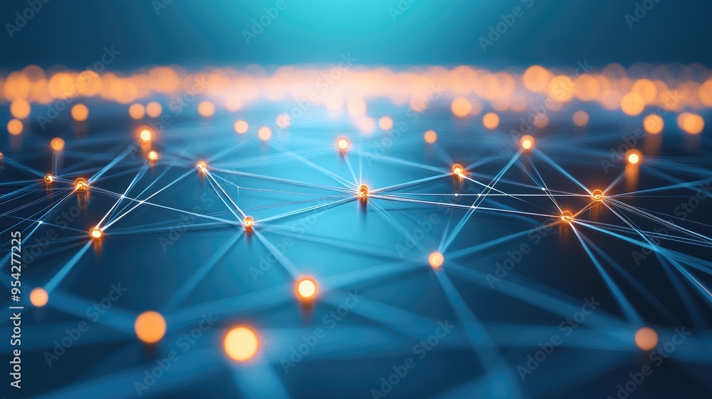 Poster abstract graphic of digital nodes interconnected with glowing lines over a blue gradient background,