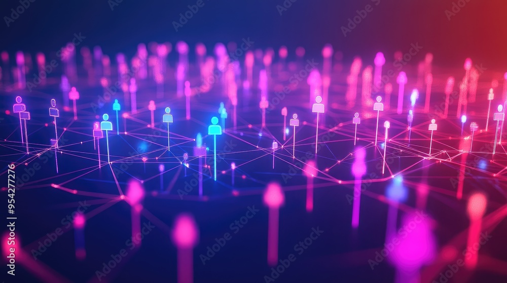 Poster abstract representation of a virtual community using neon-colored digital avatars and connecting lin