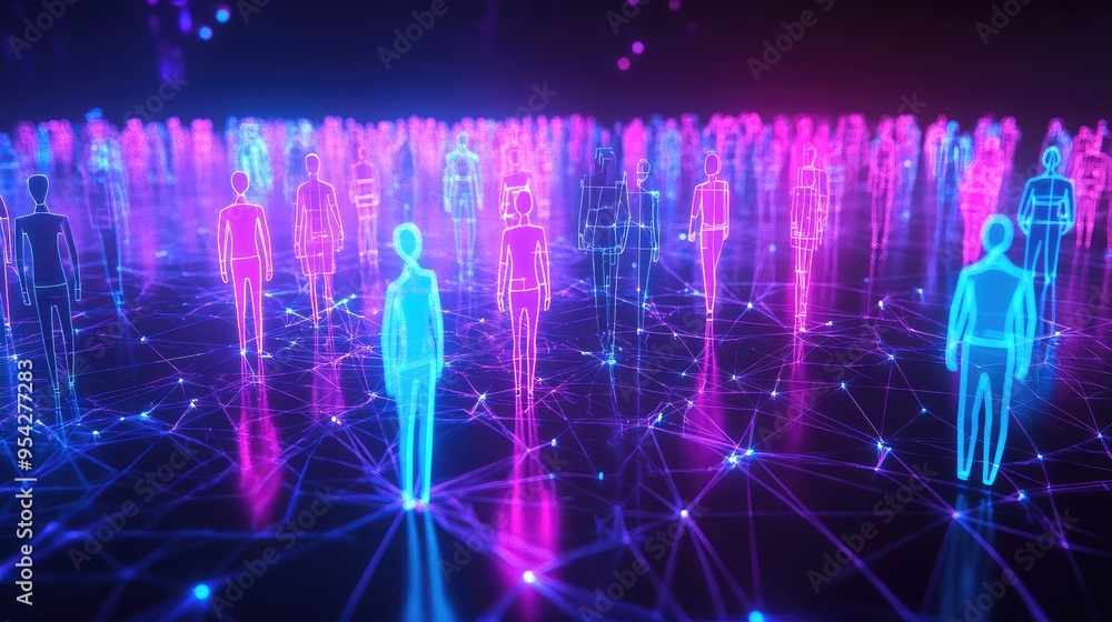 Poster abstract representation of a virtual community using neon-colored digital avatars and connecting lin