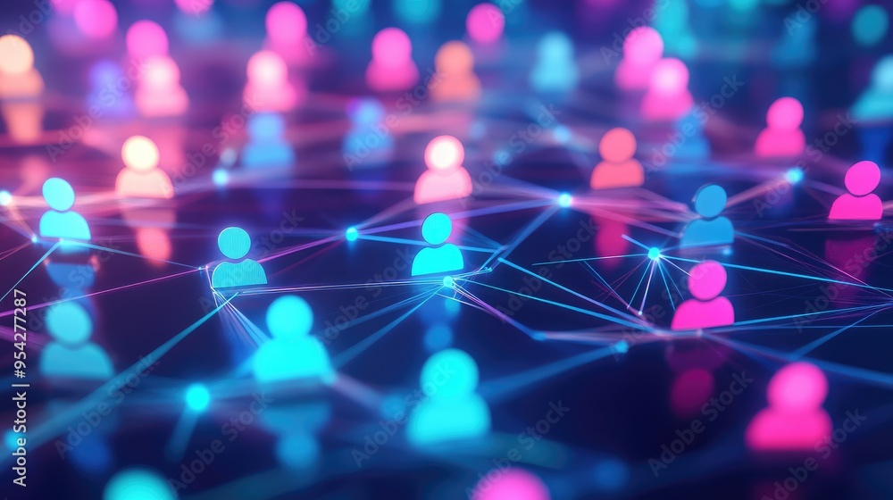 Poster abstract representation of a virtual community using neon-colored digital avatars and connecting lin