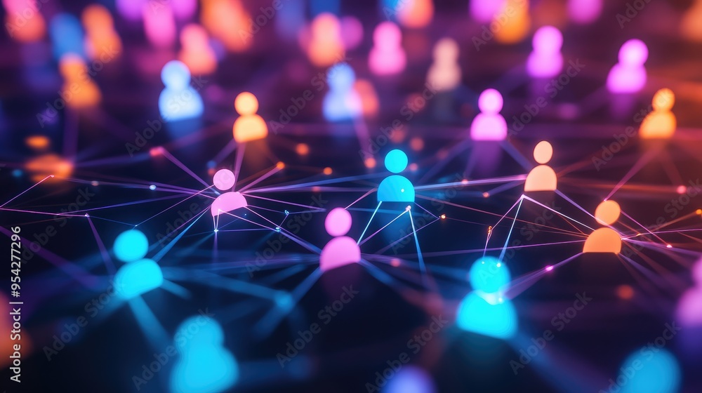 Poster abstract representation of a virtual community using neon-colored digital avatars and connecting lin