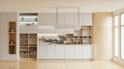 Modern kitchen showcases a sleek design with clean lines, featuring minimalist white cabinets- 3D rendering