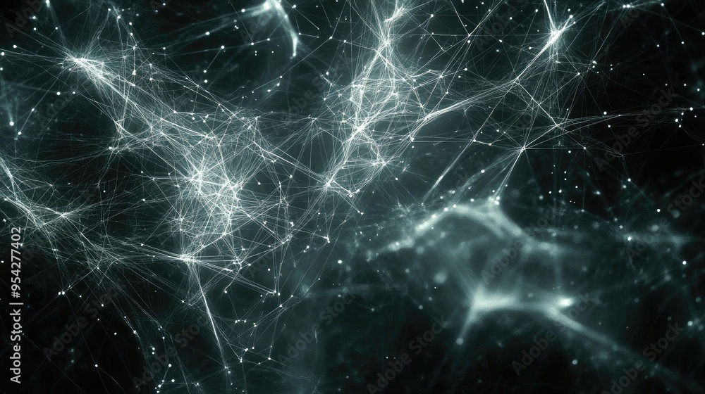 Poster abstract web of digital lines and nodes over a dark background, representing virtual connections, no