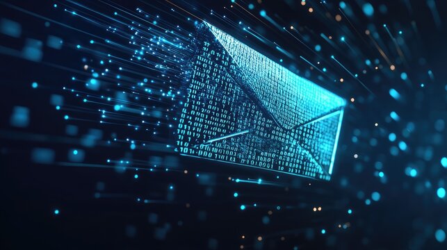 Animation of a digital envelope being sent, leaving a trail of binary code, on a dark blue background, no people