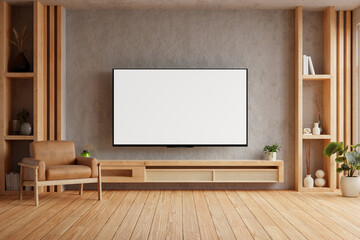 Living room with concrete dark walls, a sleek flat-screen TV, and minimalist wooden furniture- 3D rendering