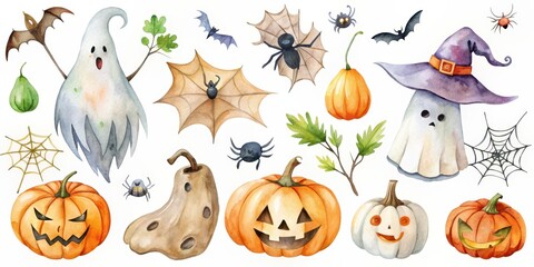 Watercolor clipart set featuring Halloween items such as pumpkins, ghosts, witches, bats, and spiders , watercolor, clipart