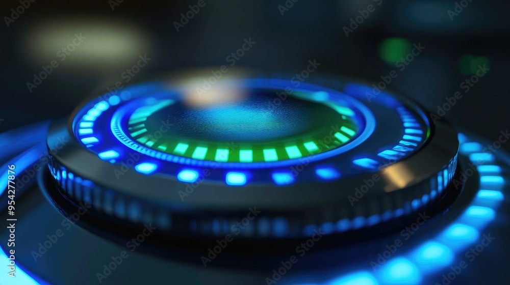 Poster close-up of a futuristic touch-sensitive push button with a holographic effect, glowing blue and gre