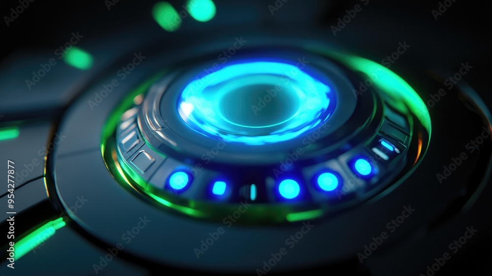 Poster close-up of a futuristic touch-sensitive push button with a holographic effect, glowing blue and gre