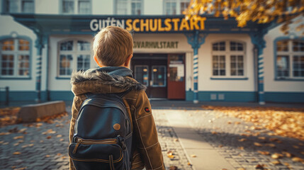 Kind geht auf Schule zu unter "Guten Schulstart" Banner.
