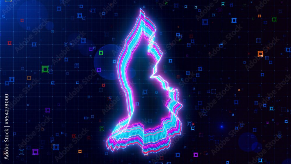 Poster a vibrant digital artwork of liechtenstein map outlined with neon lines, set against a futuristic gr