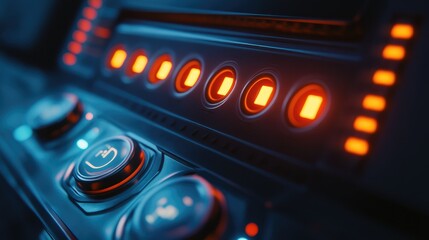 Close-up of a push button with LED indicators, showing active status, on a futuristic control panel, no people