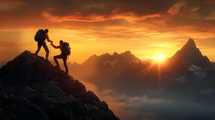 Two hikers on a mountain peak, helping each other during a scenic sunset.