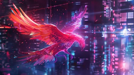 Fototapeta premium Cyberpunk Digital Phoenix Illustration for Posters & Prints. AI generated images