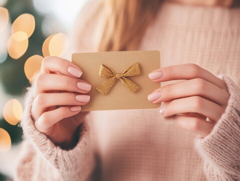 A woman holds a gift card adorned with a golden bow, perfect for celebrating special occasions.