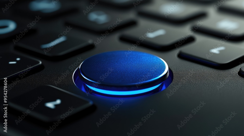 Poster detailed close-up of a blue circular push button on a black keyboard, highlighting the texture and d