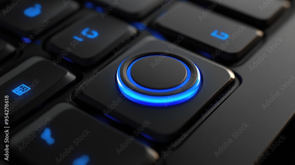 Poster detailed close-up of a blue circular push button on a black keyboard, highlighting the texture and d