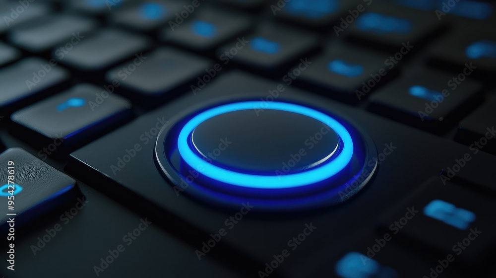 Poster detailed close-up of a blue circular push button on a black keyboard, highlighting the texture and d