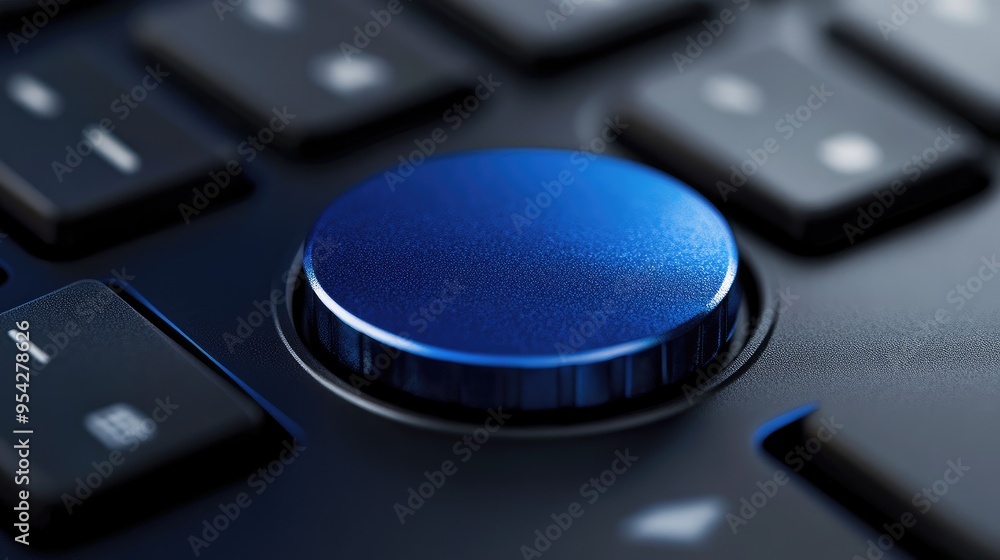 Poster detailed close-up of a blue circular push button on a black keyboard, highlighting the texture and d