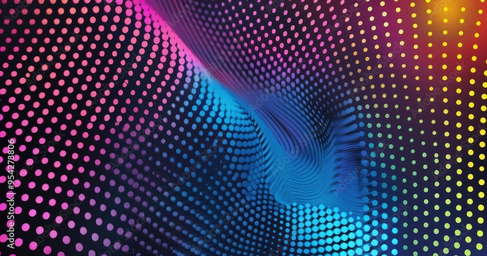 Poster abstract digital design with colorful dots creating a wave-like pattern.