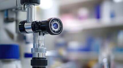 Detailed shot of a diagnostic ophthalmoscope head, with a focus on the lens and adjustment knob, against a blurred clinic background, no people