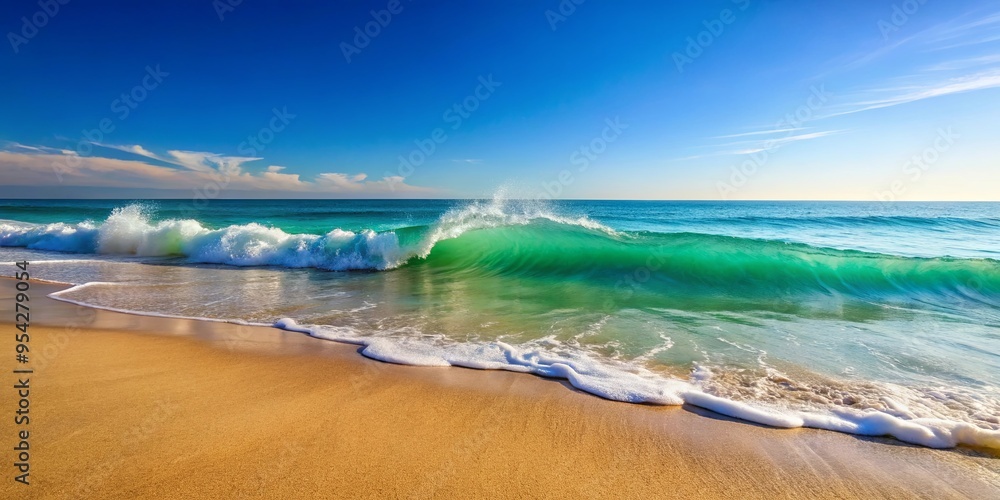 Poster Soft ocean wave gently rolling onto sandy beach with clear blue sky in background