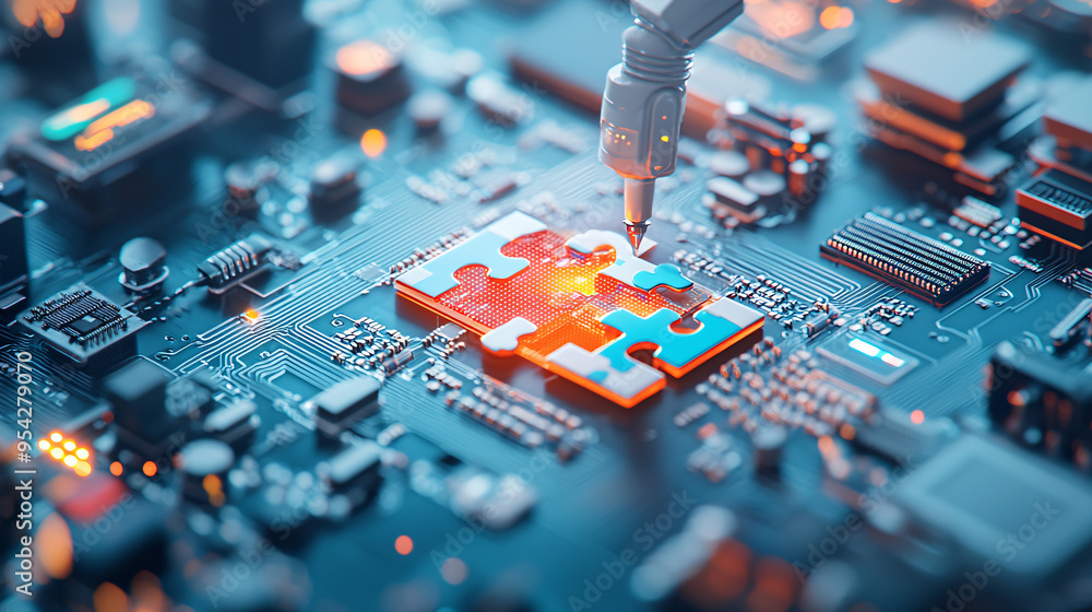 Poster a close-up image of a circuit board with a puzzle piece connector, symbolizing technology integratio