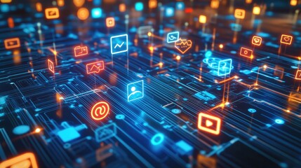 Obraz premium Digital circuit board illustration with social media icons, symbolizing virtual community connections, no people