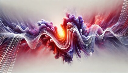 A vibrant abstract composition featuring swirling, cloud-like formations in shades of red, purple, and white, capturing a sense of dynamic flow and ethereal movement.