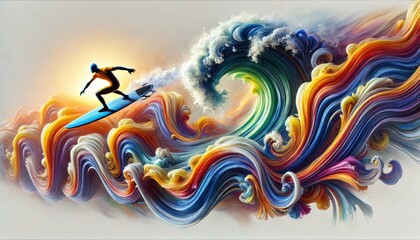 Naklejka premium A vibrant, abstract depiction of a surfer riding a wave made of swirling, colorful ribbons, symbolizing the fusion of movement, energy, and artistic expression.