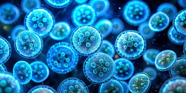 Bioluminescent algae cells glowing blue under a magnified microscope