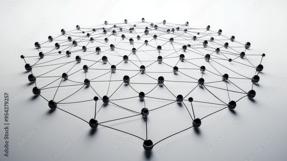 Poster digital nodes arranged in a circular pattern, interconnected by lines, representing online collabora